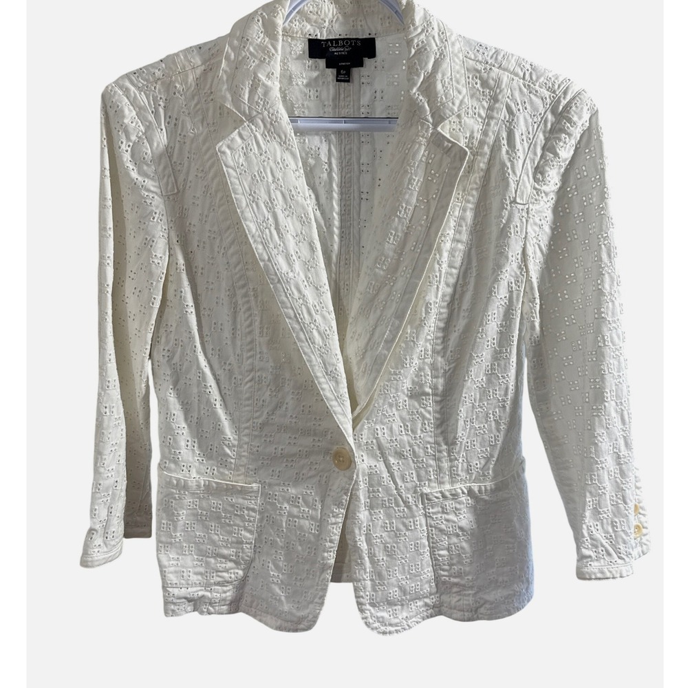 Talbots Petites White Eyelet Blazer Jacket Cotton Stretch Size 6P Pocketed